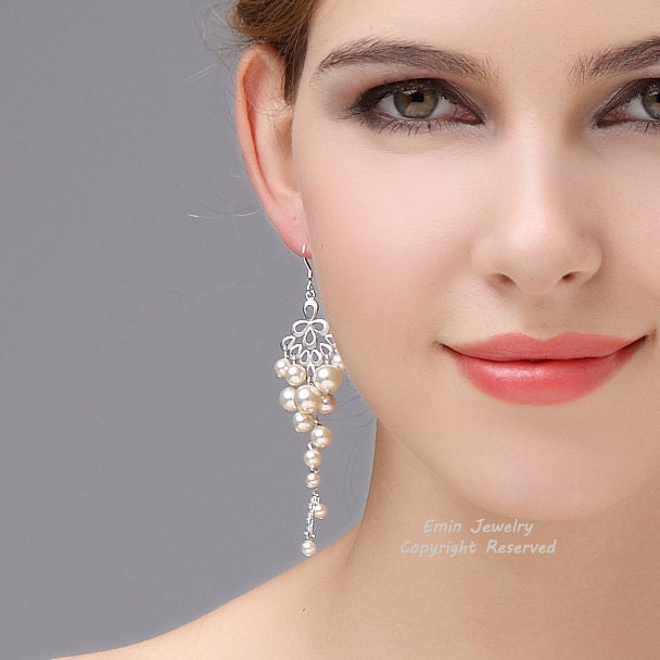 Bridal Earrings, Pearl Chandelier Wedding Earrings, Cluster Pearl Earrings, Ivory Sterling Silver Long Bridal Earrings Jewelry
