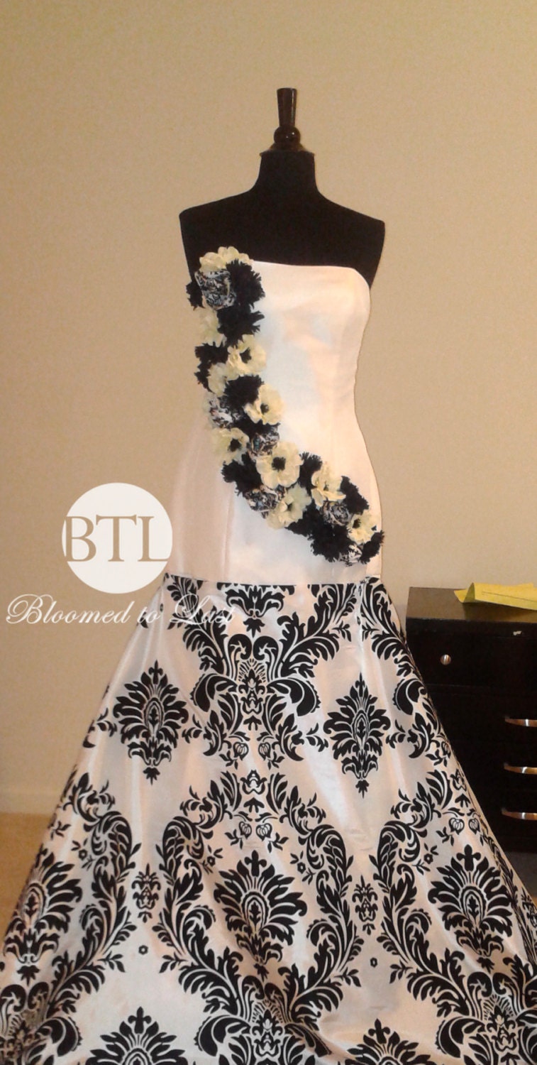 Couture Black & White Damask Wedding Dress with Anemone Carnation Silk Floral Applique