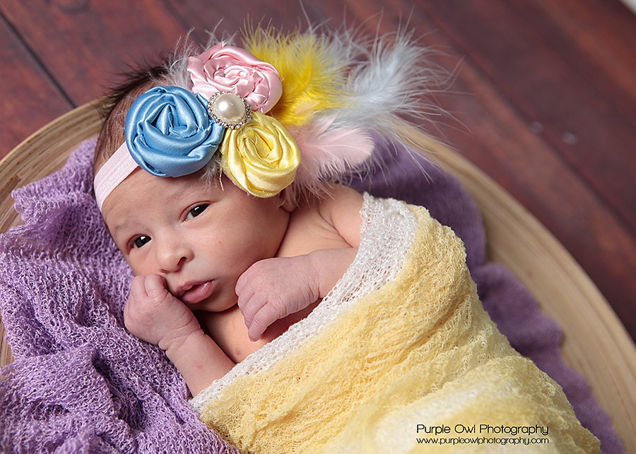 Pastel Rosette Baby Headband - Newborn Baby Flower Headband - Toddler/Girl Feather Headband - Pagent/Photo Prop - Spring/Easter Headband