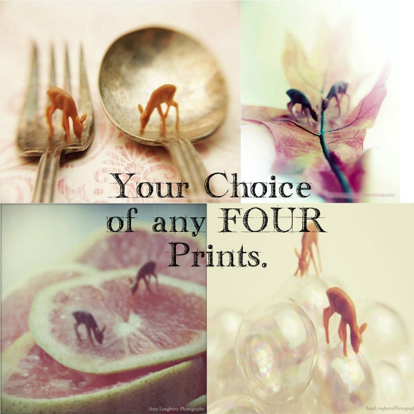 Your choice of any FOUR 20x24 or 20x20 Prints Deer Print, Curiosities, Surreal,Whimsy, Etsy Art,Tiny Deer Grazing, Spoon, Fork,