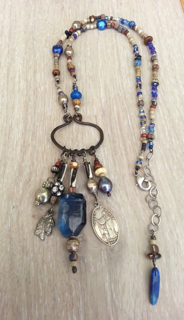 I Use All My Powers  Talisman healing necklace with huge Kyanite handmade beads vintage medal