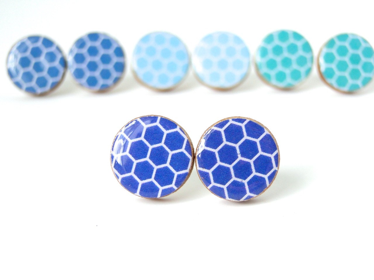 Cobalt Blue Honeycomb Earrings, Studs, Royal Blue, Electric Blue, Geometric Earrings, Bridesmaids, Birthday, Mothers day, Gift under 10