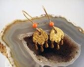 Brass hammered mini chandelier earrings with coral bead