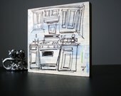 original ink drawing: retro kitchen art on reclaimed wood panel "Midnight Snack" (7-7/8 x 7-7/8")