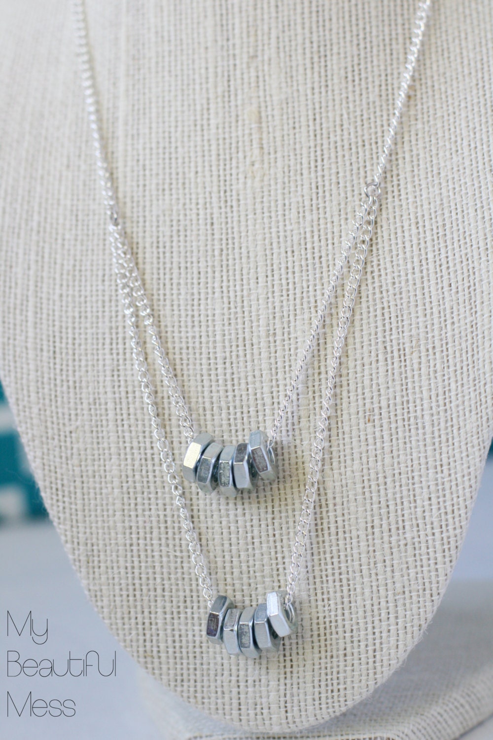 Silver Double Tiered Hex Nut Necklace