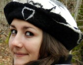French felt beret Black and White felt womens cap wearable art hat merino wool wet felted handmade France Etsy jannio