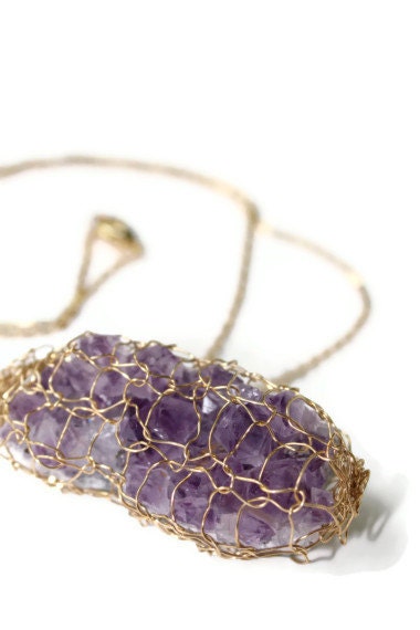 Knit Jewelry, Amethyst Necklace, Stone Knit in Gold, Artisan Jewelry
