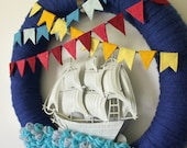 Ship Wreath, Nautical Wreath, Fathers Day Wreath, Yarn and Felt Wreath, Extra Large 18 inch size - READY TO SHIP