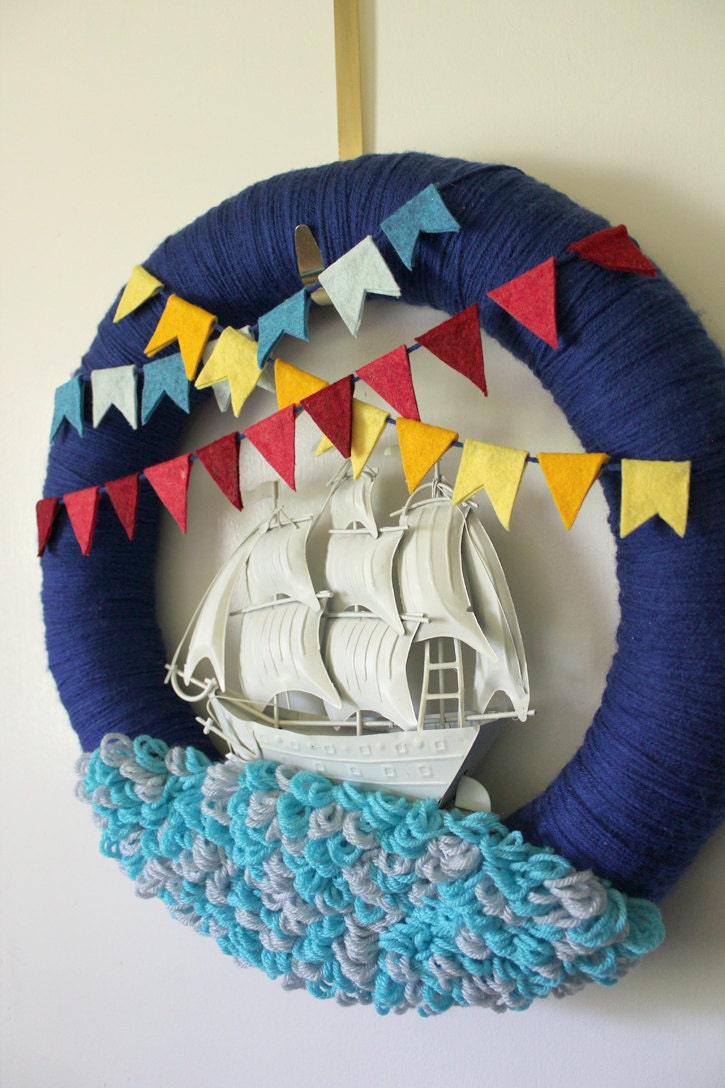 Ship Wreath, Nautical Wreath, Fathers Day Wreath, Yarn and Felt Wreath, Extra Large 18 inch size - READY TO SHIP