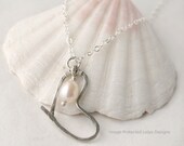 Hammered heart pearl necklace, sterling silver with white pearl