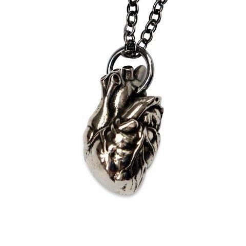 Heart Anatomical Human Heart Necklace Sterling Silver Overlay on Solid White Bronze