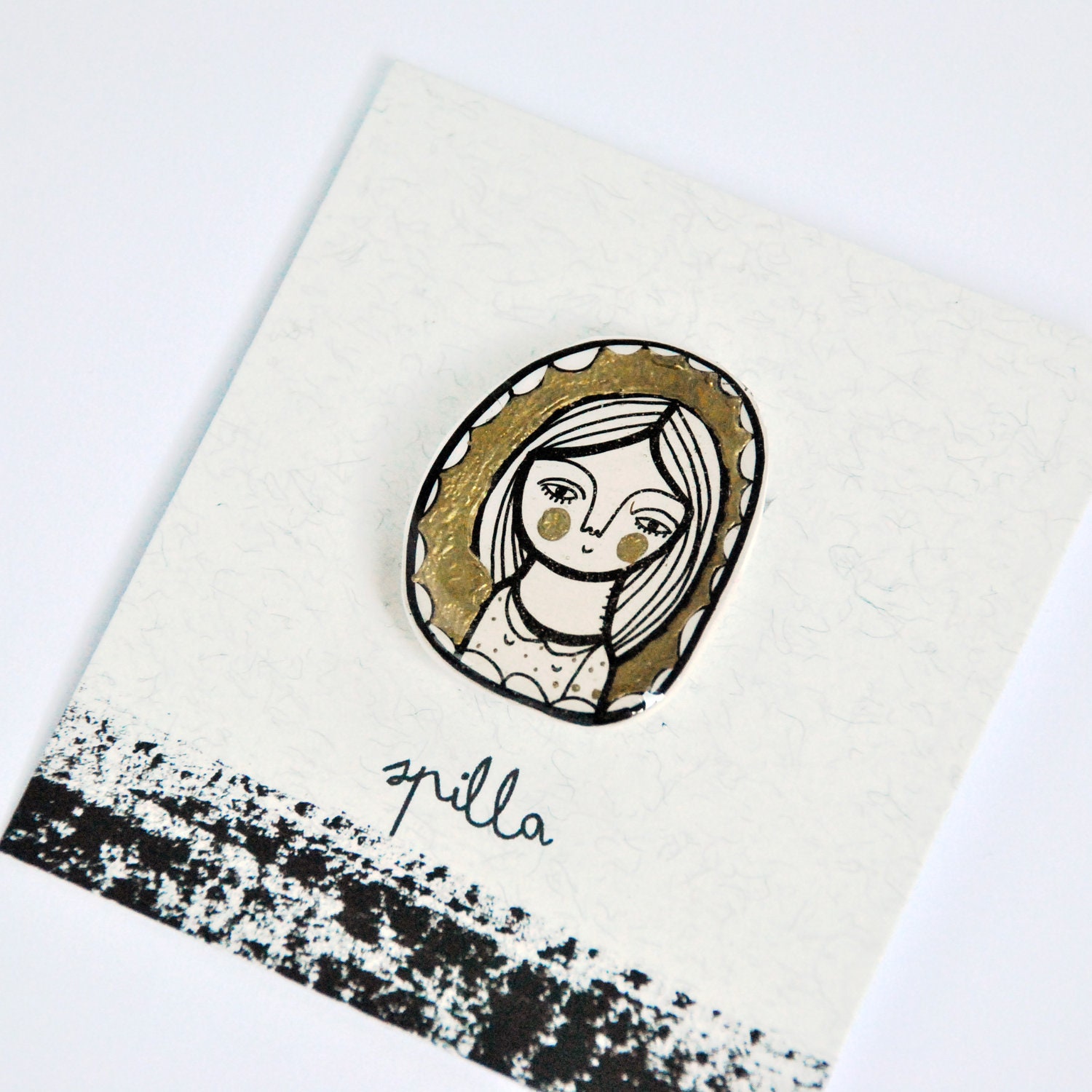 brooch gold white plastic portrait pin - Clara -ready to ship
