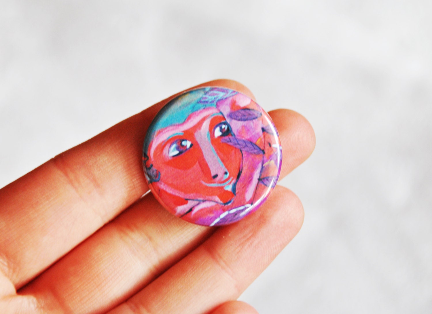 purple Girl pin illustrated flowers woman button brooch
