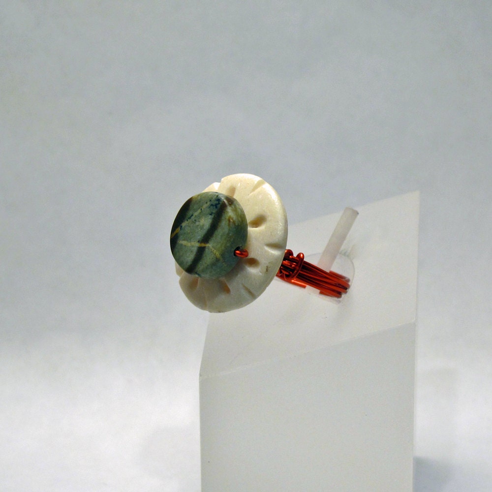 Wire-wrapped Ring - Picasso Jasper and Bone Button Ring - Size 6
