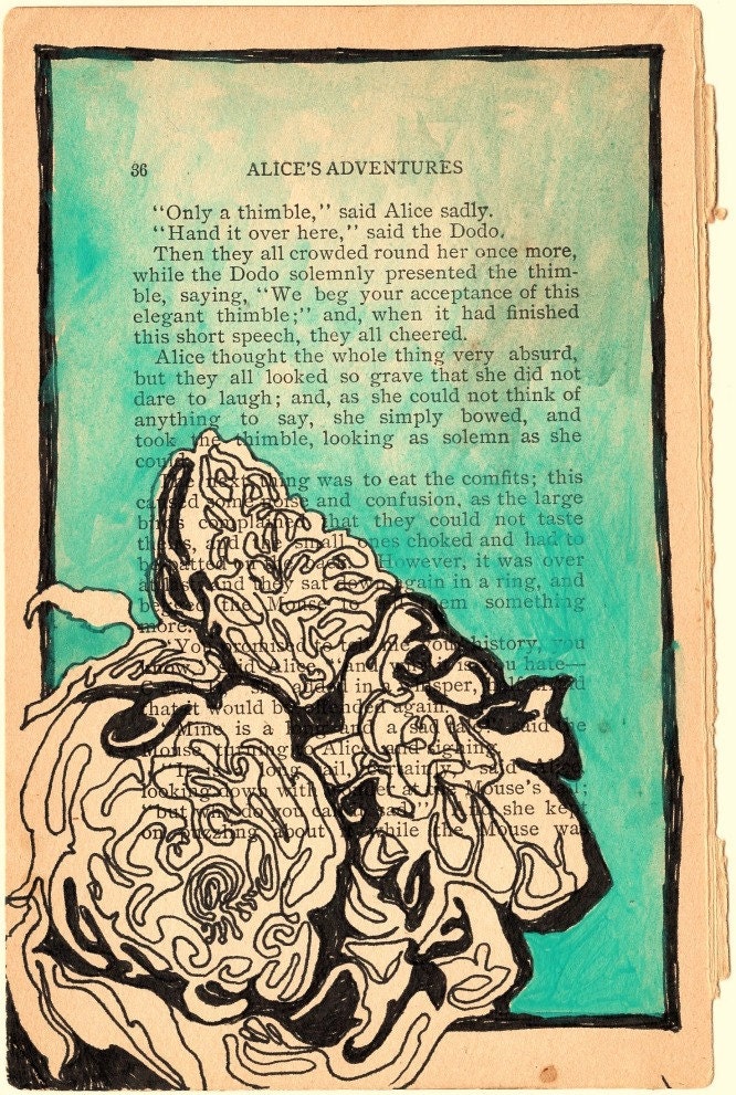 Wilted, or End of Day Prayer, limited edition print 1/50 of mixed media on vintage Alice of Wonderland page by Rowena Murillo