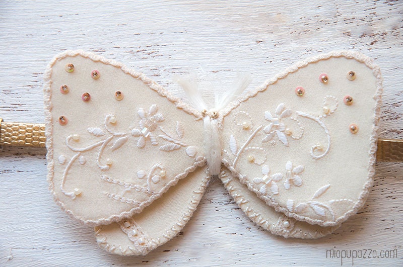 Summer Sale -20% Romantic Bridal Bracelet with Handmade Embroidery Ivory Textile Butterfly