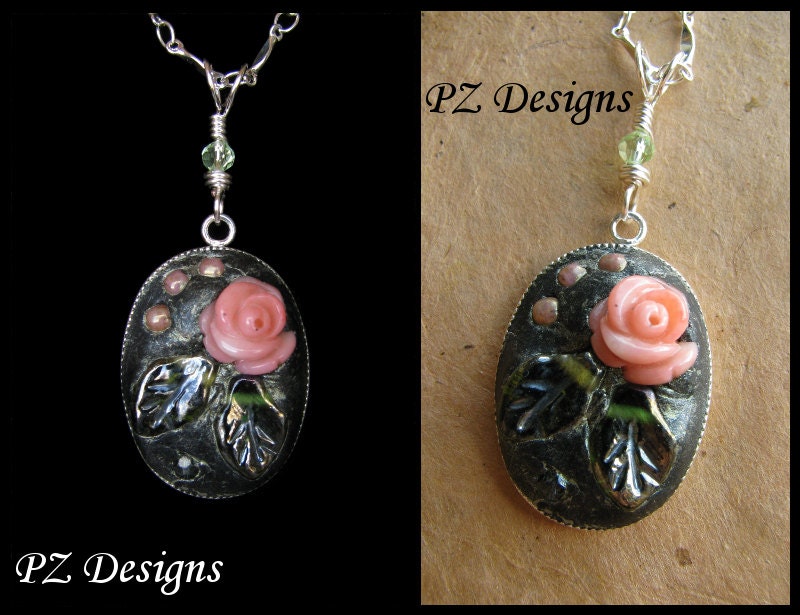 Mini Flower Garden Pendant - Coral Rose, Green Leaves, Silver Setting with Chain