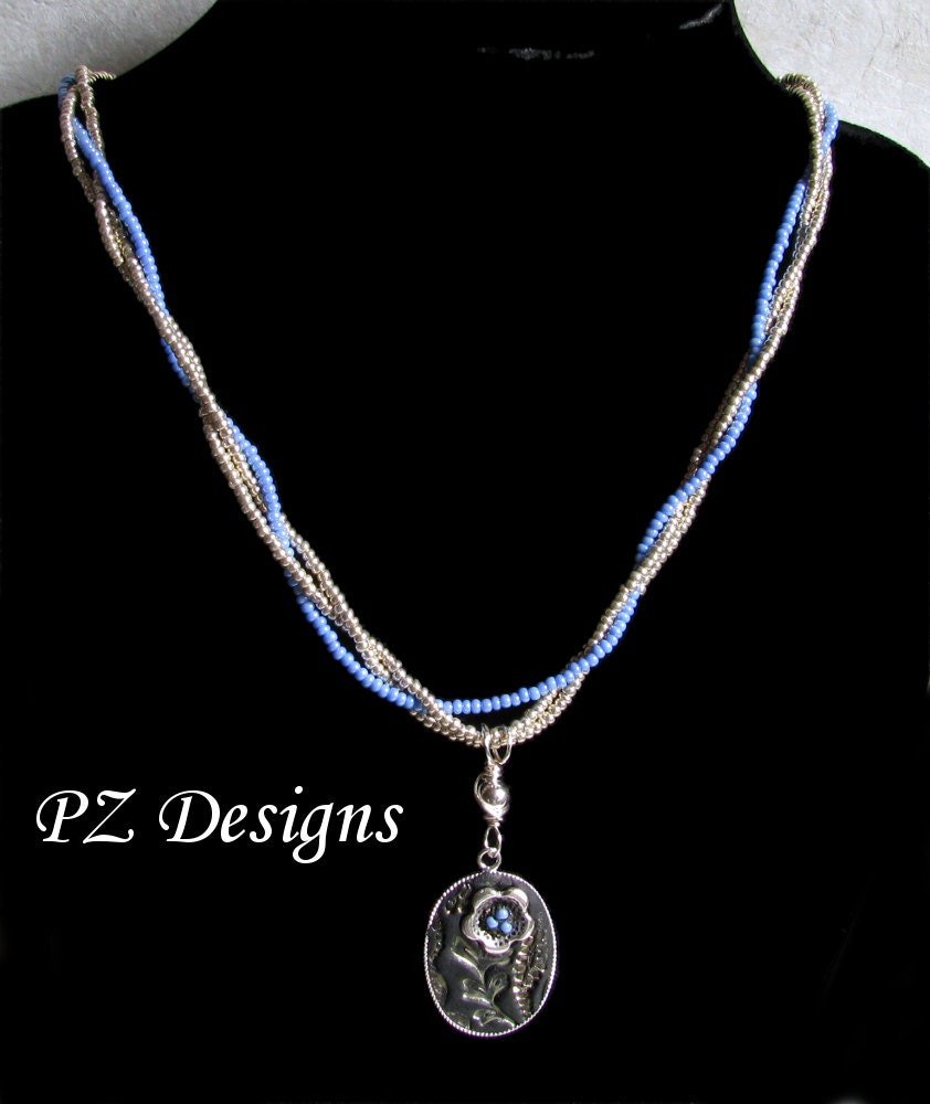 Mini Flower Pendant - Silver & Periwinkle, Black Stamped Background, Epoxy Crystal Clay