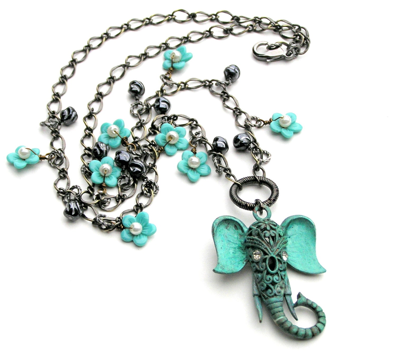 Elephant Necklace, Green Verdigris Pendant, Black Gunmetal Chain, Antiqued Metal, Beaded Charms