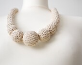 earth tones organic linen crochet long funky beaded necklace - handmade light brown round bead necklace, geometric, beads in different size