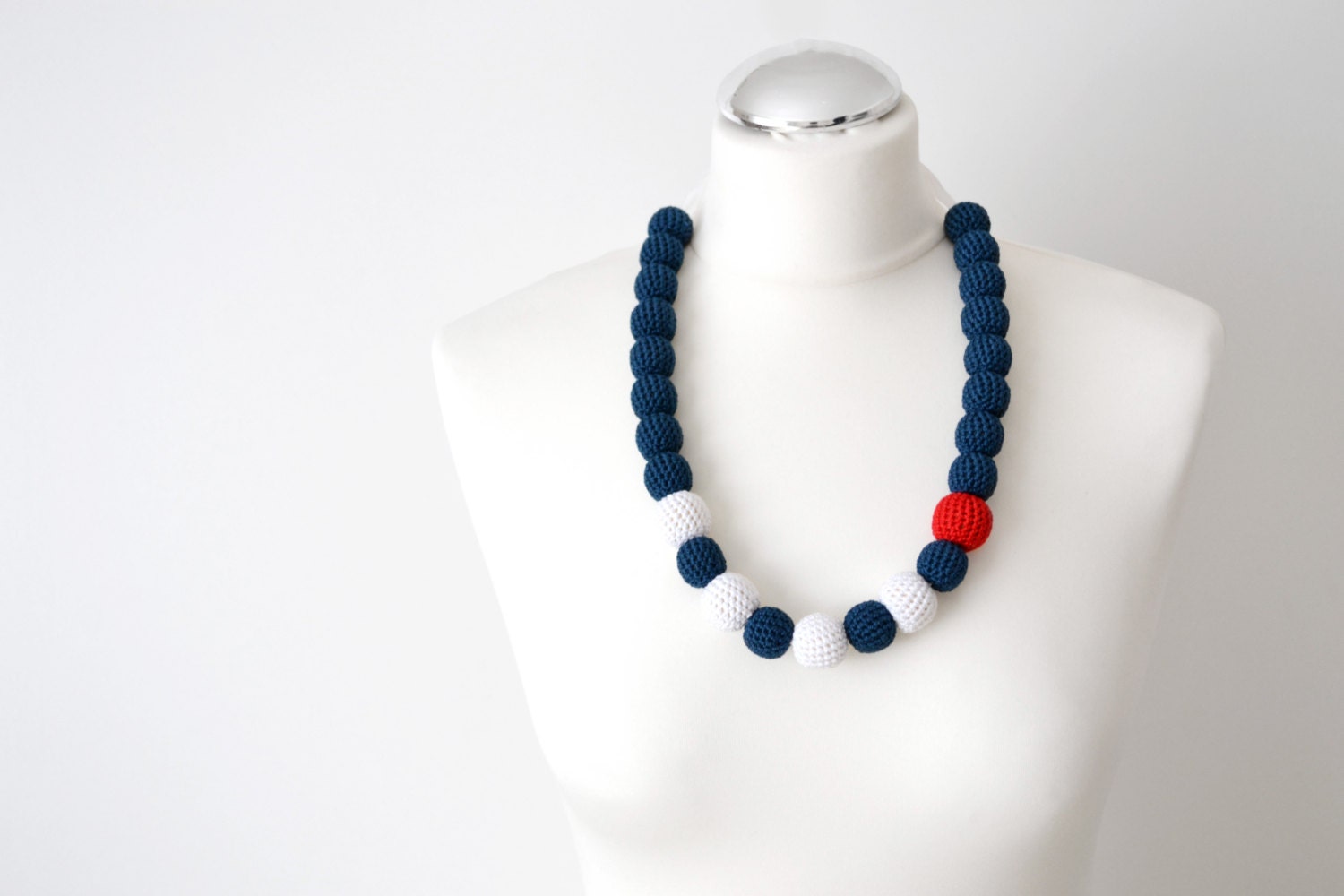 crochet sailor big bead long funky necklace - handmade nautical style necklace in navy blue, white and red, beach style, gift for her