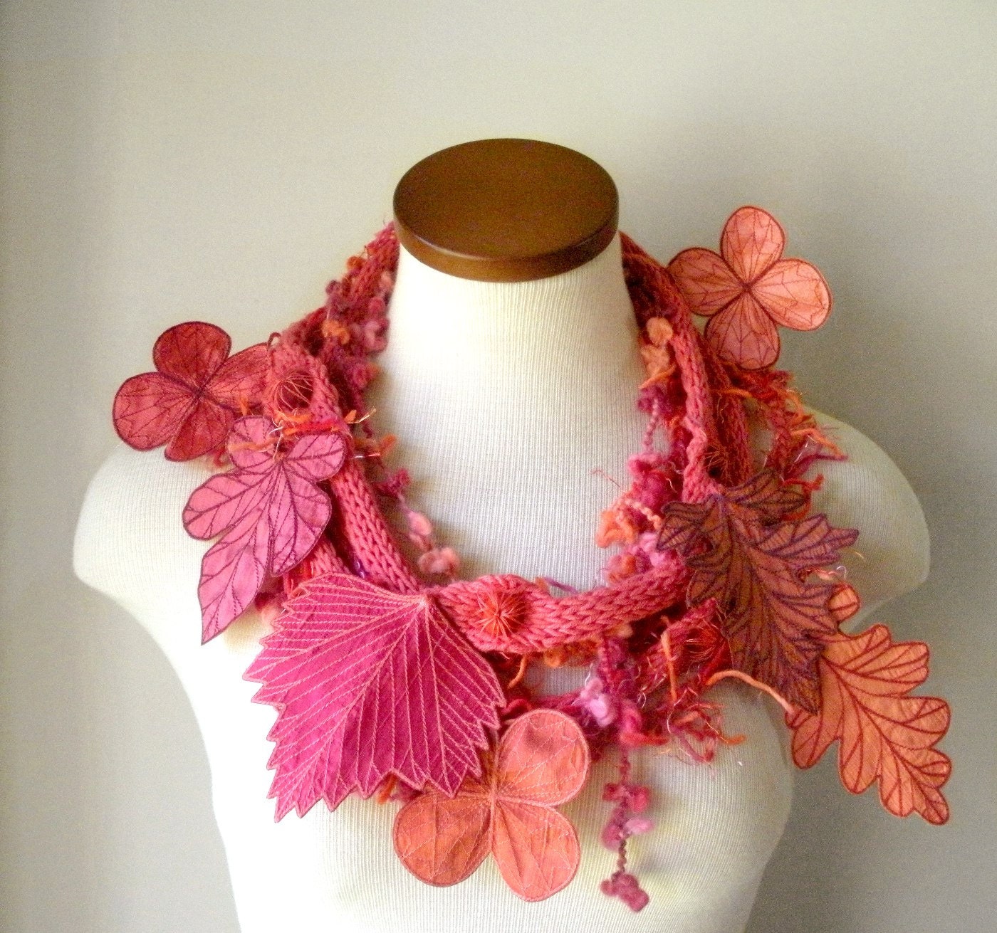 Leaf Scarf- Bright Salmon with Amaranth Pink, Coral, Peach, and Orange Embroidered Leaves- Fiber Art Scarf