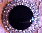 Vintage Black Lucite and Double Set Glass Rhinestone Circle Brooch