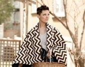Picnic Blanket - Modern Chevron Geometric Brown and White - Portable Outdoors Summer Food Blanket - Wedding Gift Idea (READY TO SHIP)