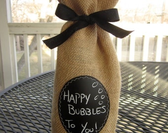 Set of 8 Champagne Bottle Bags in Burlap with Chalkboard Message Labels