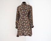 sheer brown silky CHIFFON vintage 60s FOLK CALICO print bohemian dress medium