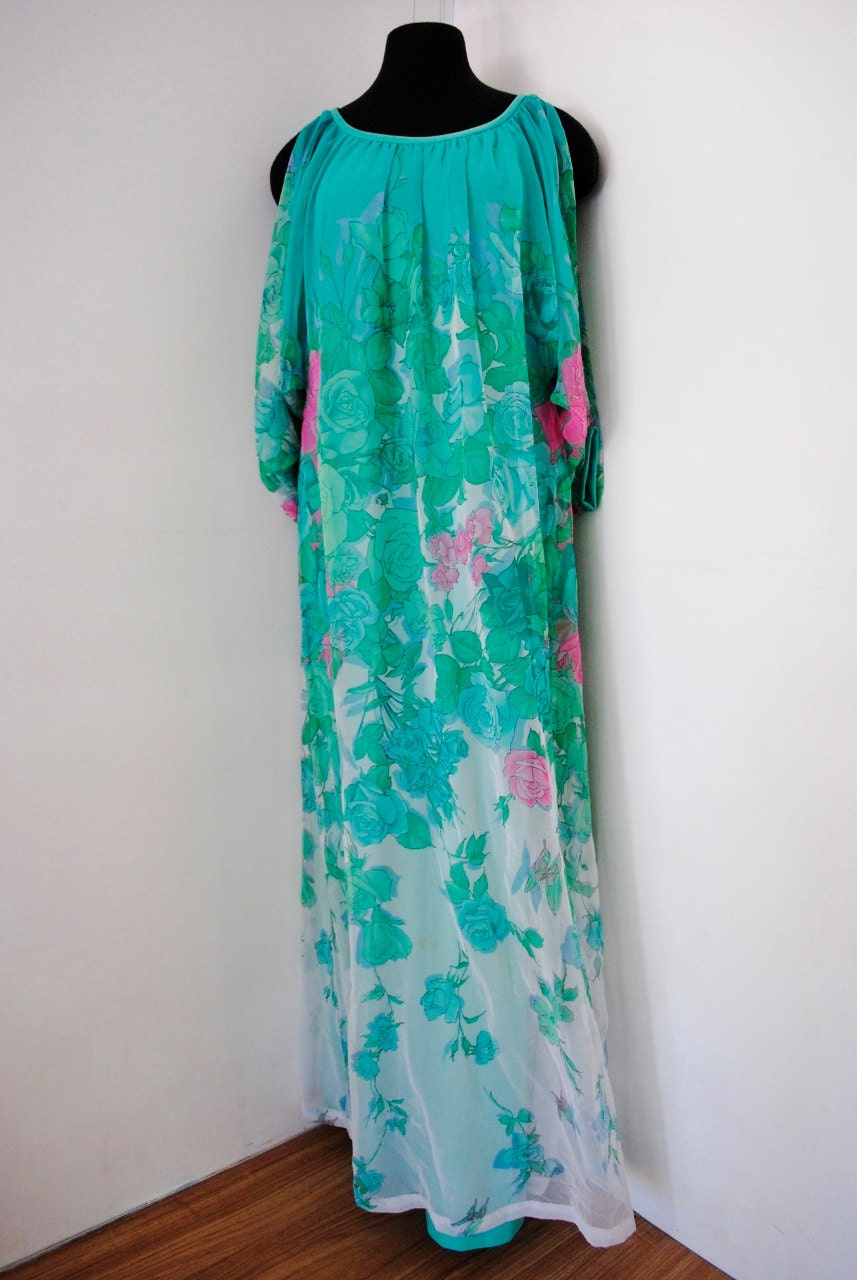 vintage 1970s emerald green CHIFFON maxi dress / 70s caftan hippie GODDESS gown