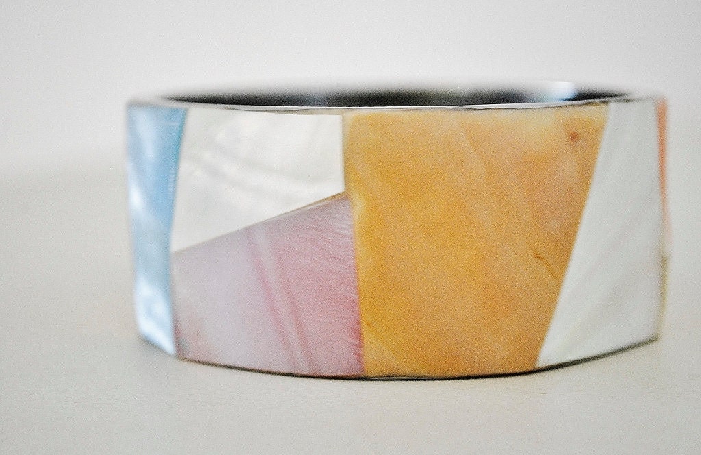vintage 80s multi TEXTURED pastel geometric mother of pearl MOSAIC bangle bracelet
