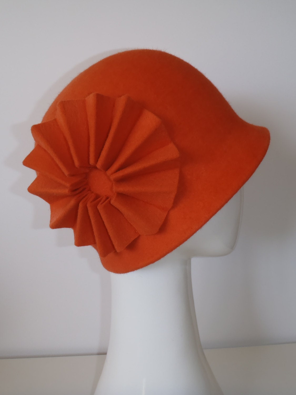 Mango Swirl Cloche.  Orange / mango velour felt women's 1920s cloche hat with narrow brim. Hand-made in traditional shape.