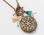 Handmade Jewelry Round Locket Necklace gold filigree flower dragonfly charm blue opal crystal pearls Victorian pendant Valentines Gift R1097
