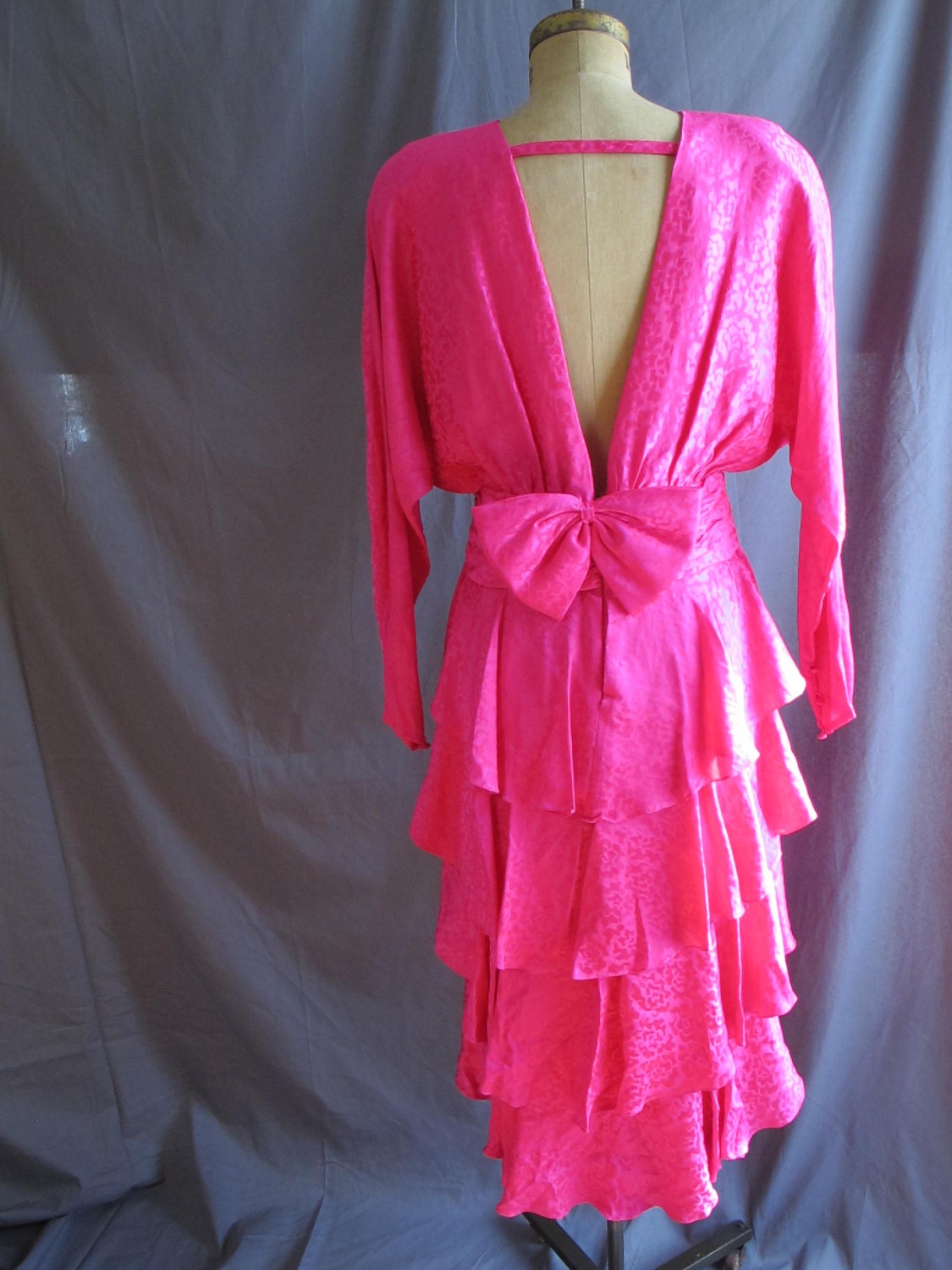 Vintage Hot Pink Silk 80s Oleg Cassini Deep Plunge Ruffle Back Dress