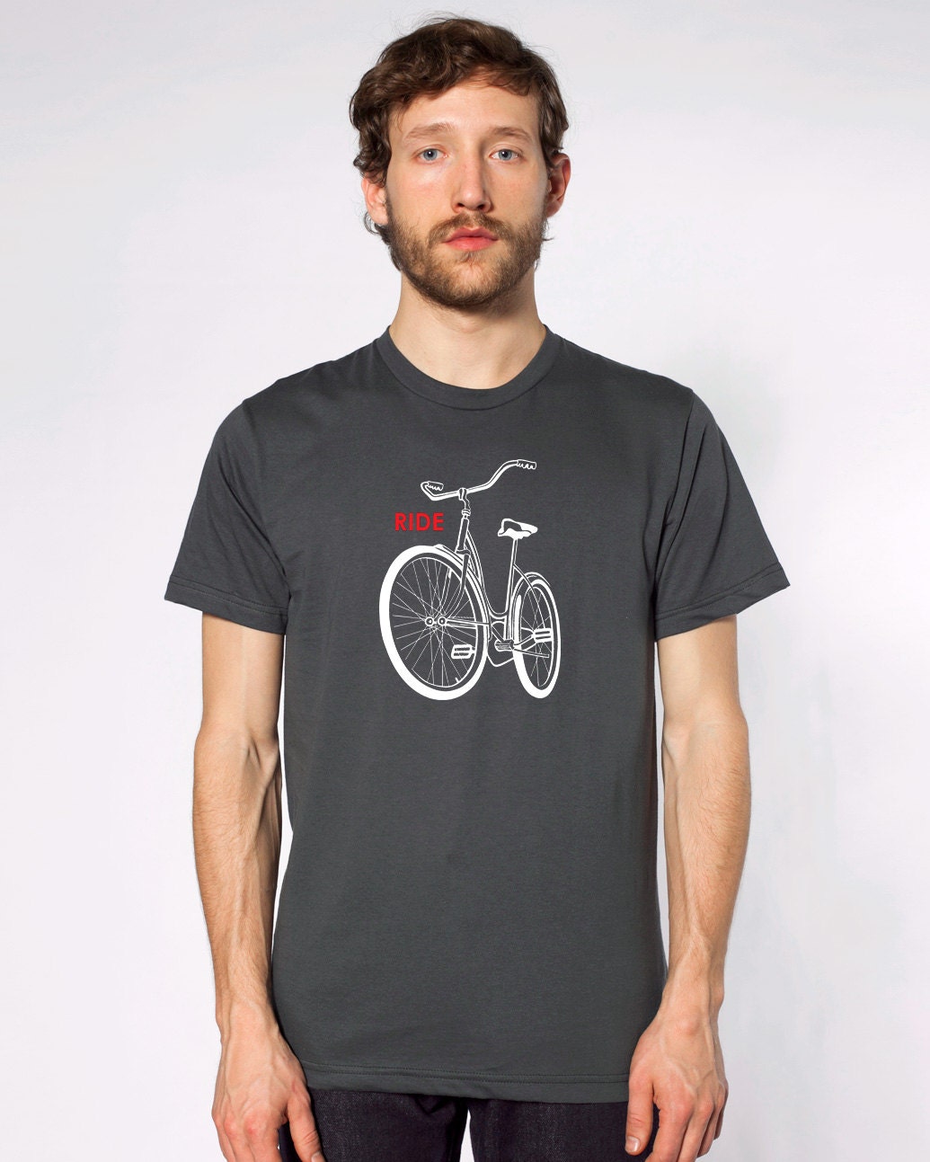 Ride a Bike t-Shirt - Men's Asphalt grey, short sleeve shirt, screenprint, white and red ink, great gift for bike enthusiasts.