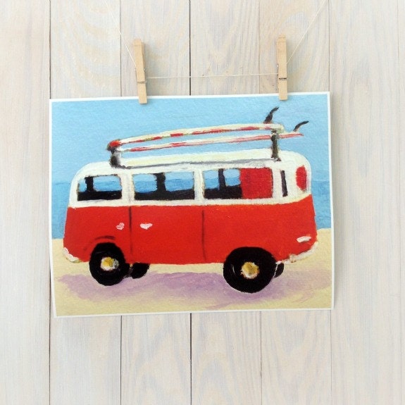 VW surf art print, beach home, nursery decor, orange bus, van 11x14 print from original painting by Cathie Carlson