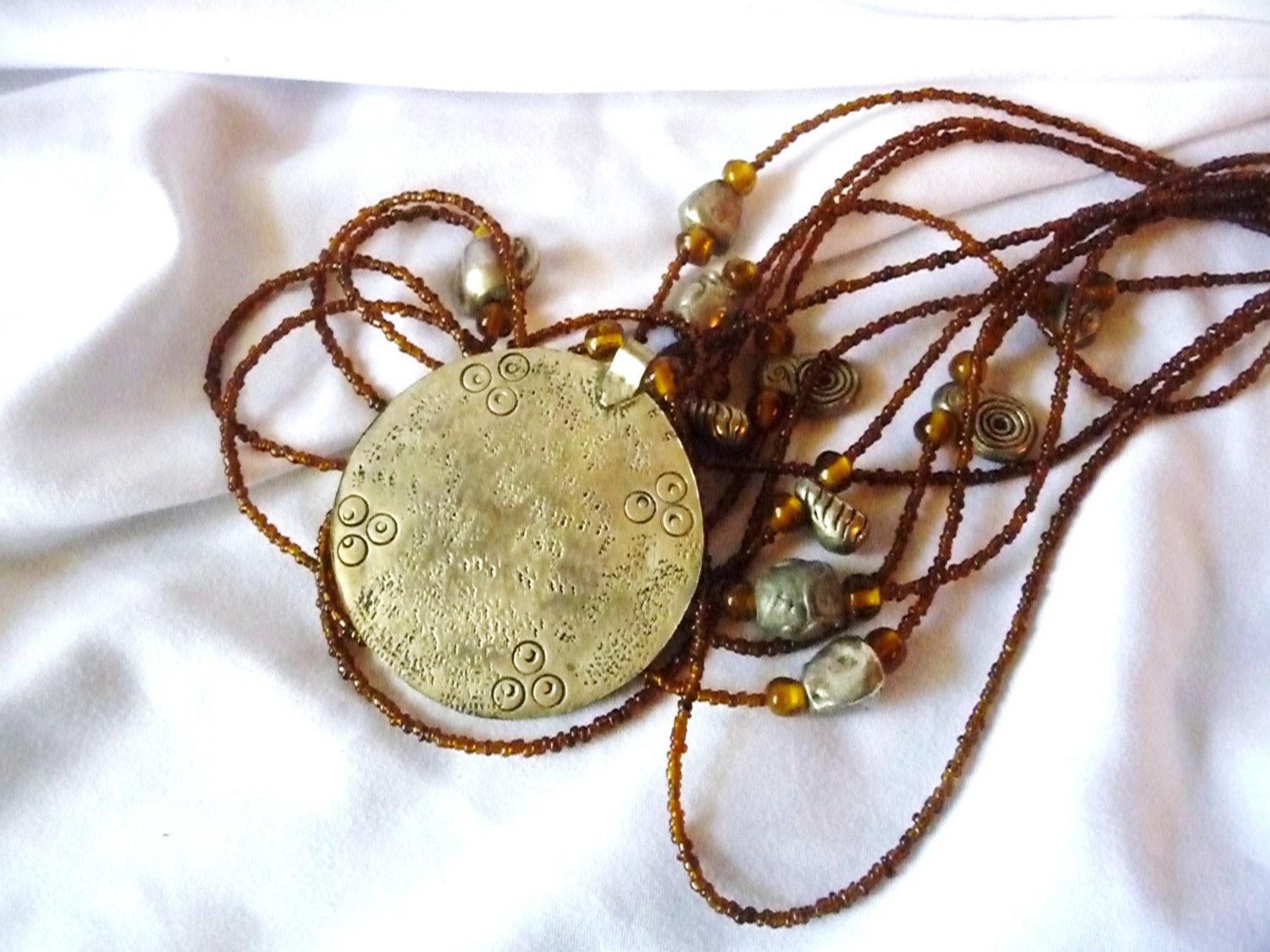 Hammered Silver Metal Pendant from India with Brown Glass Strands Necklace Fair Trade