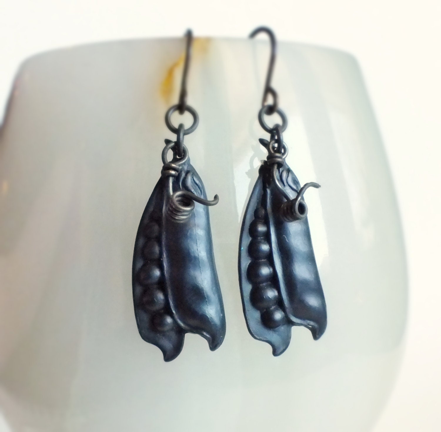 Pea Pod Earrings Antiqued Brass Charms Black Metal Peapods with Tendrils US Made Brass