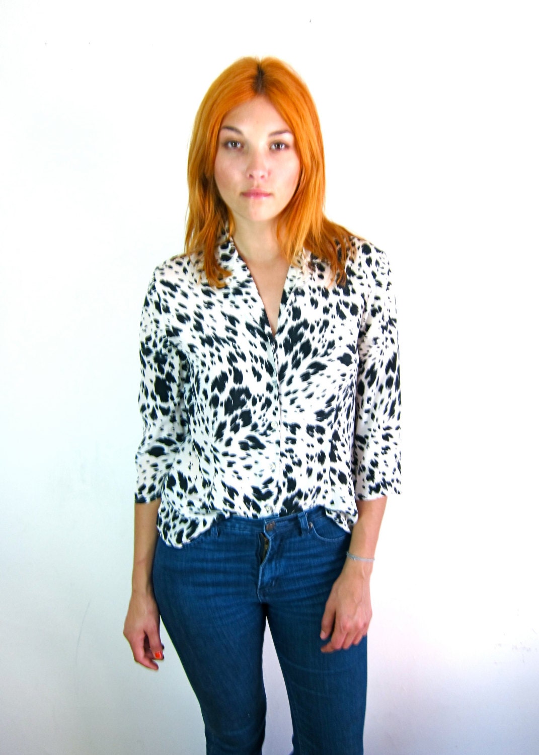 White & Black Silk Animal Print top