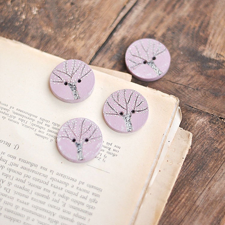 4 Hand painted buttons - wood burnt tree design