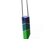 Geometric wooden necklace - lime green, navy blue, cornflower blue, gold - minimalist, modern jewelry