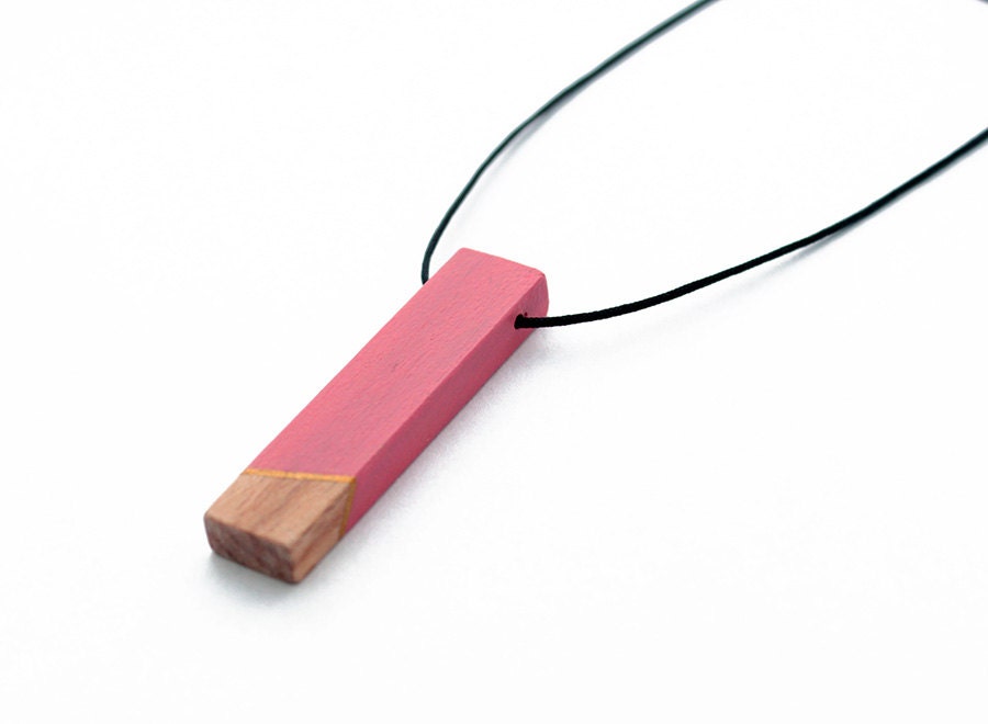 Geometric wooden necklace - rose pink, gold, natural wood - minimalist, modern jewelry