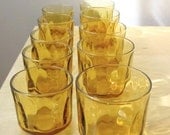 marigold drinking glasses, set of ten, vintage optic amber glassware