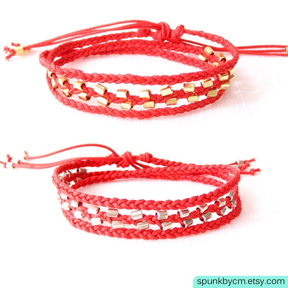 Braided Cotton Cord with Brass Triple Wrap Bracelet - Gold, Silver, Red - Set of 2