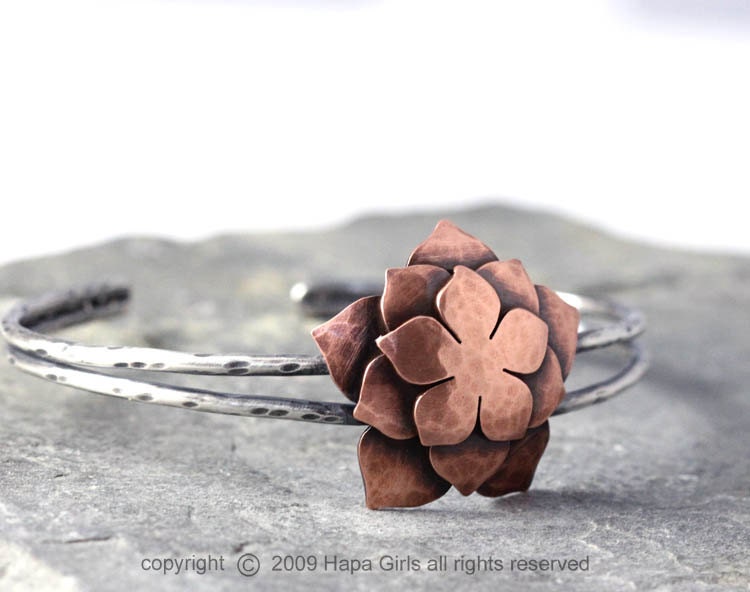Lotus Blossom Cuff, Copper and Sterling Silver, Rebirth, Gifts for her, Zen Jewelry, Hapa Girls, Gifts under 100