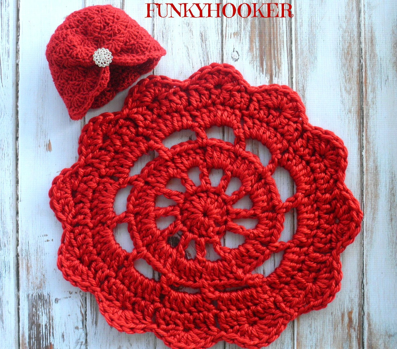 Newborn Set Crochet Doily Photo Prop Mat And Hat RED