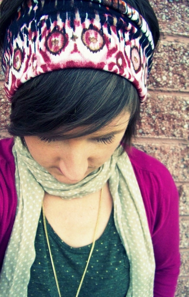 Simple Boho Wide Stretch Headband - Sweater Soft Pink Black and Brown Ikat Print