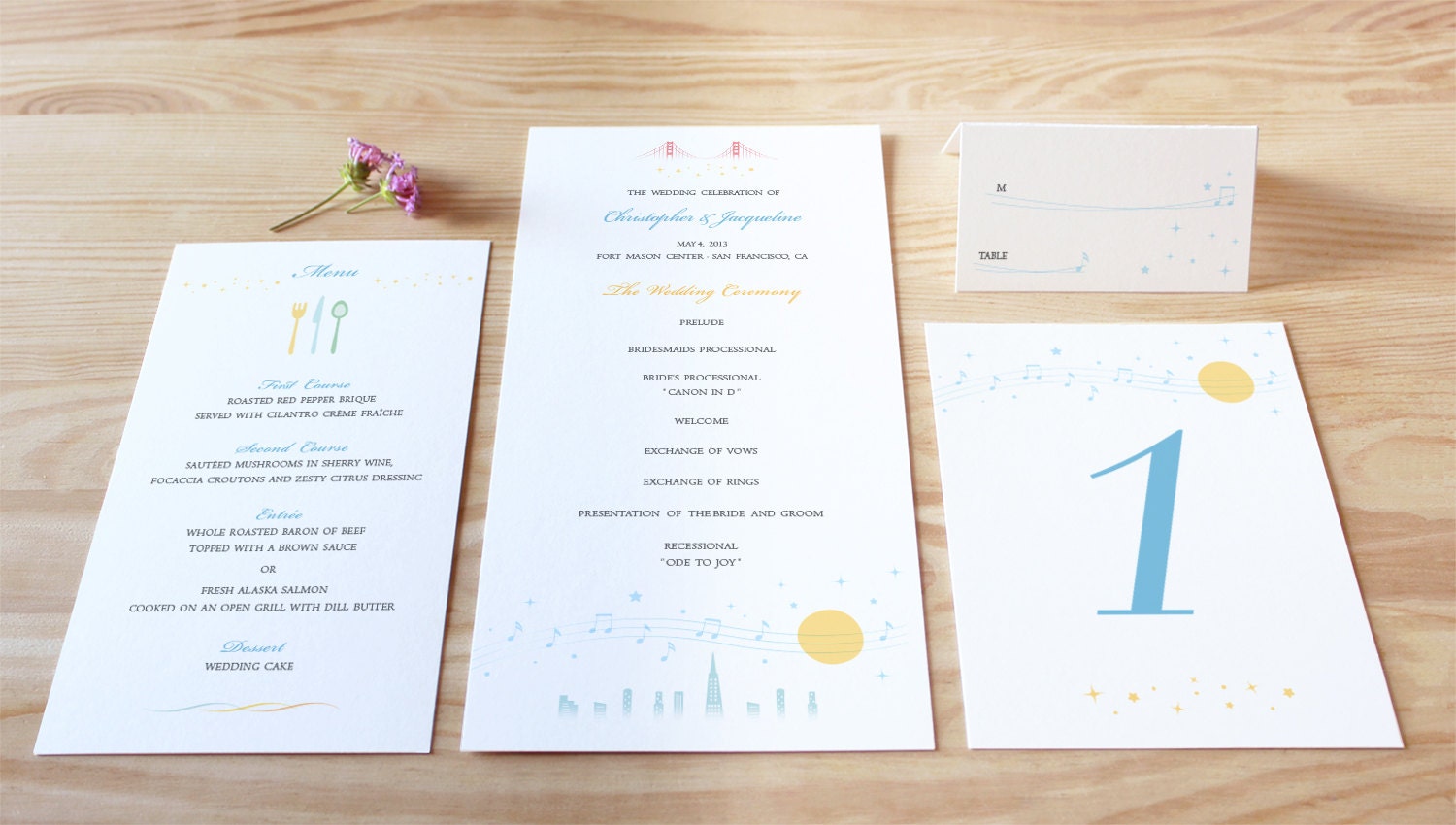 San Francisco Wedding Reception Package of 50 (FREE Table Number Cards) - San Francisco Night Skyline