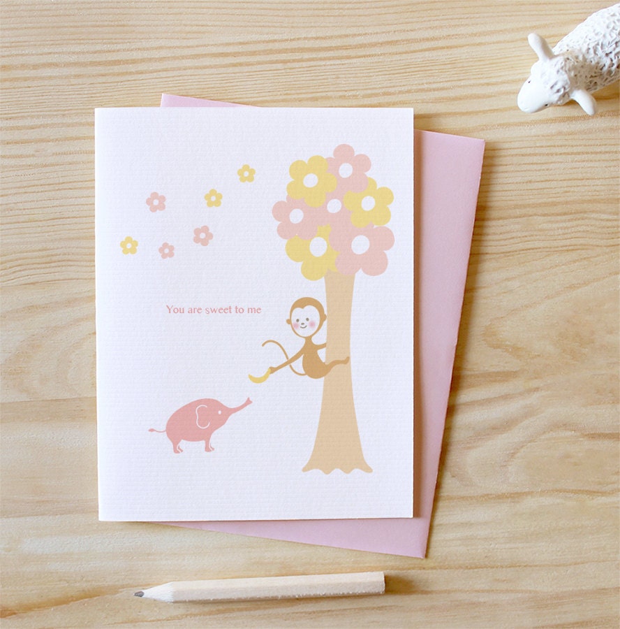 Banana Monkey - Anniversary Card, Valentine Card, I Love You Card, Funny, Elephant, Unique, Cute, Kawaii, Animal Card